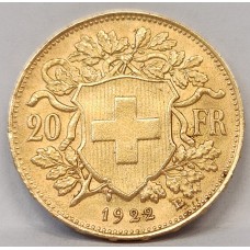 SWITZERLAND 1922 B . TWENTY 20 FRANCS . GOLD COIN